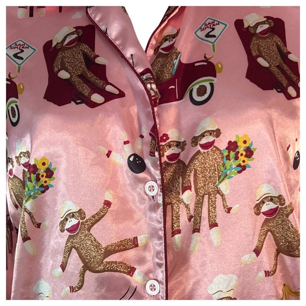 Nick & Nora Womens Pink Sock Monkey Pajama Top Size Large bowling TV Car Poly - Picture 2 of 9